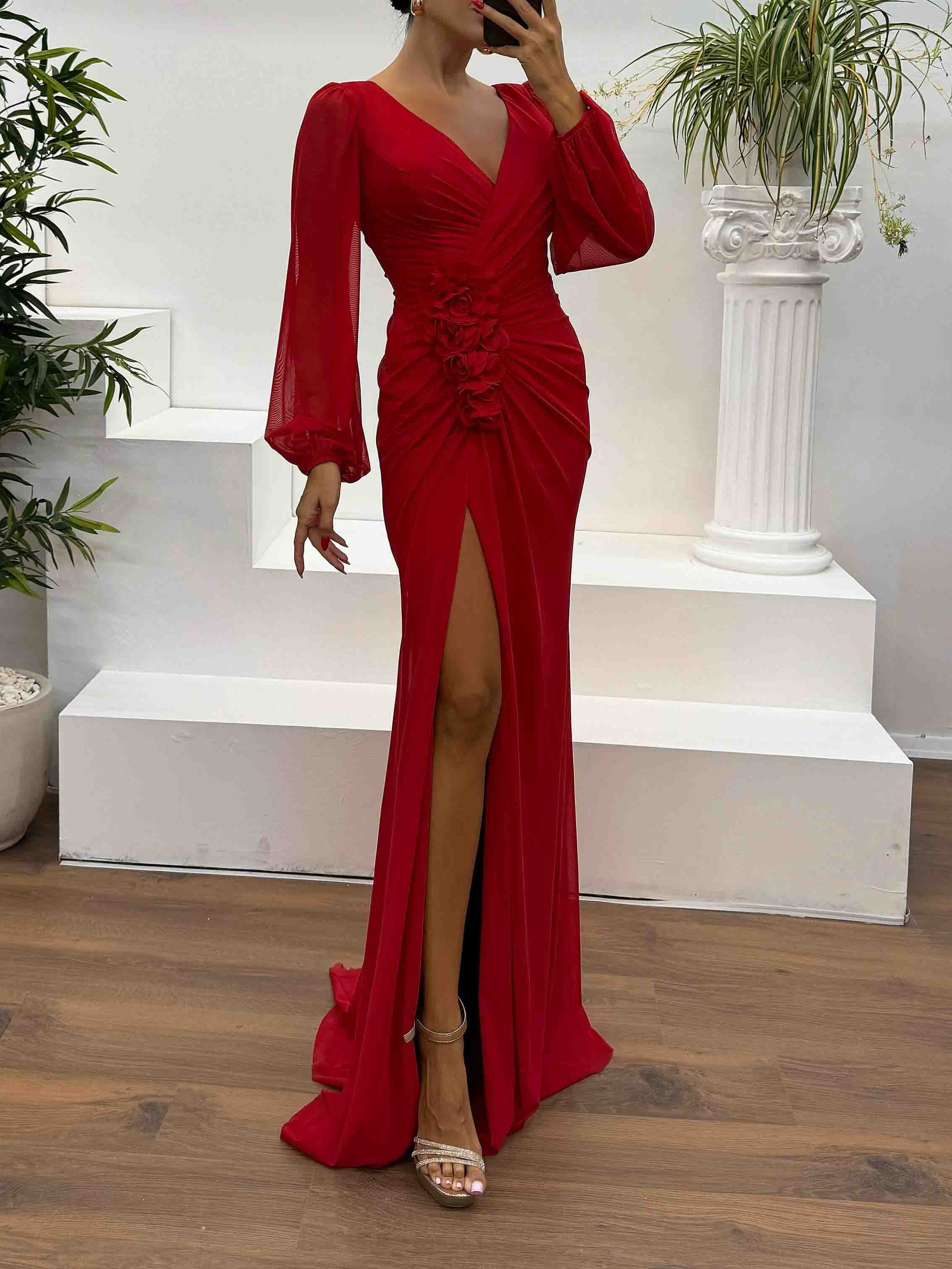 Elegant V-Neck Ruched Floral Slit Maxi Dress