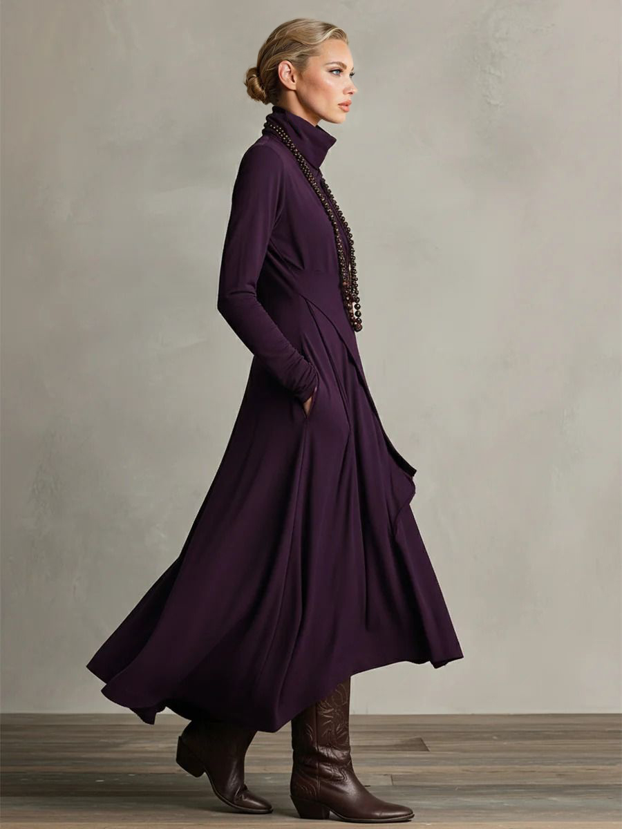 Elegant High-Neck Draped Asymmetrical Maxi Dress