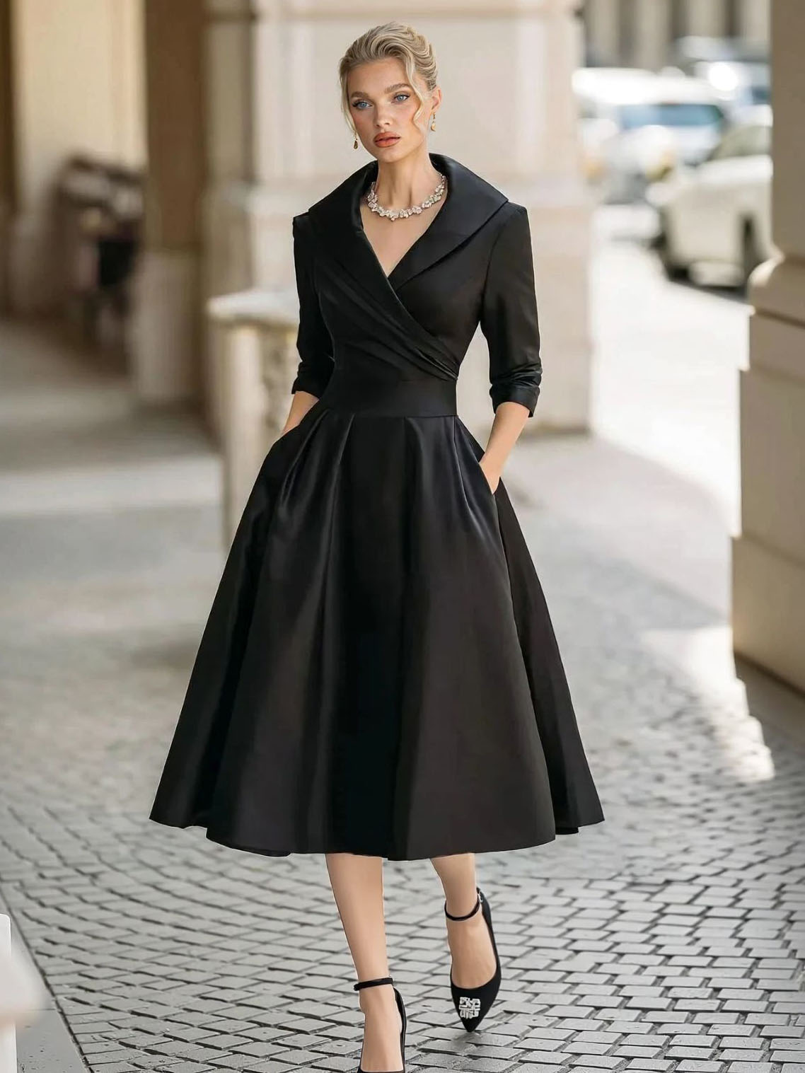 Elegant V-neck Long-sleeved Midi Dress