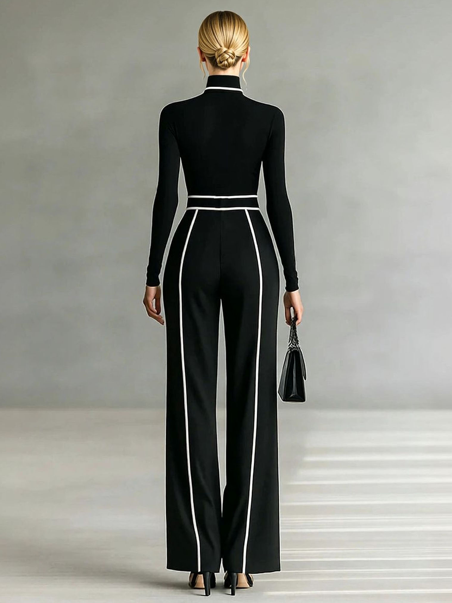 Elegant High Neck Slim Fit Long Sleeve Top Two-Piece Set