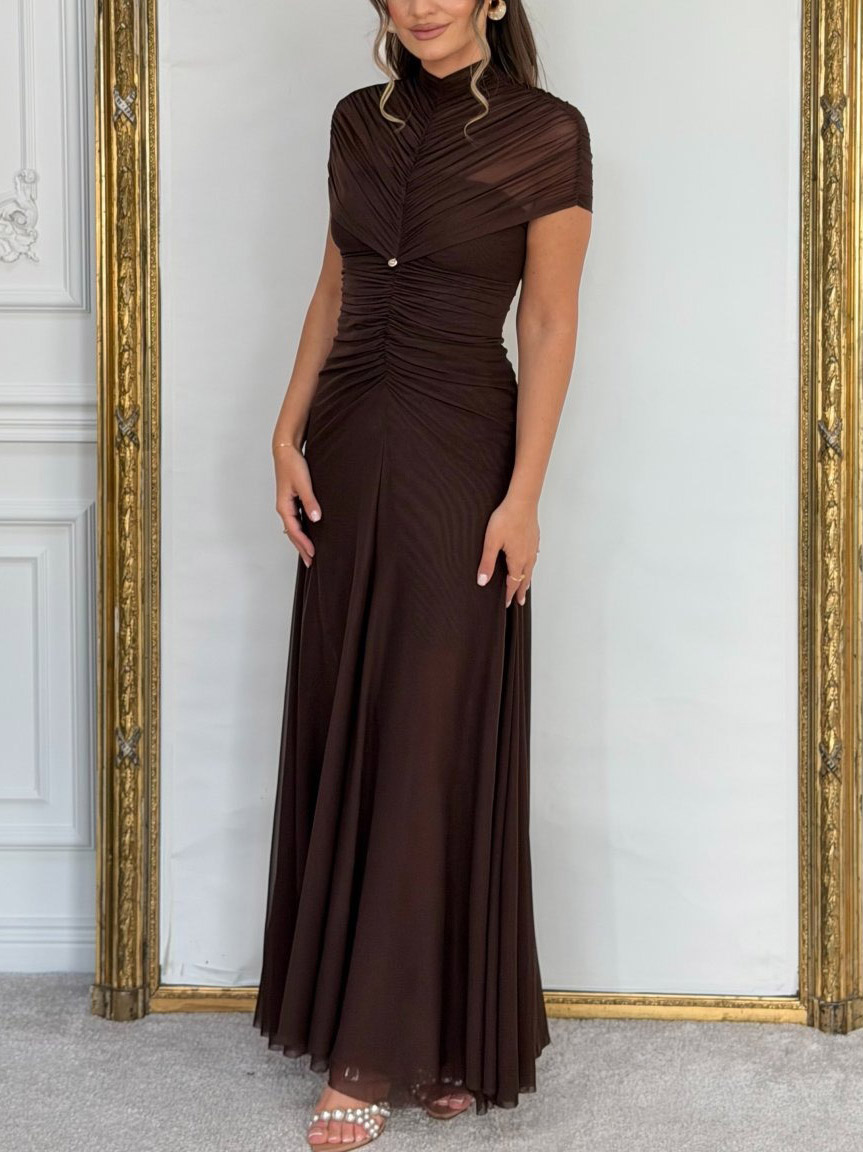 Mesh Pleated Short-sleeved Maxi Dress