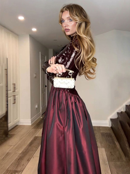 Elegant Sequined High-neck Party Midi Dress