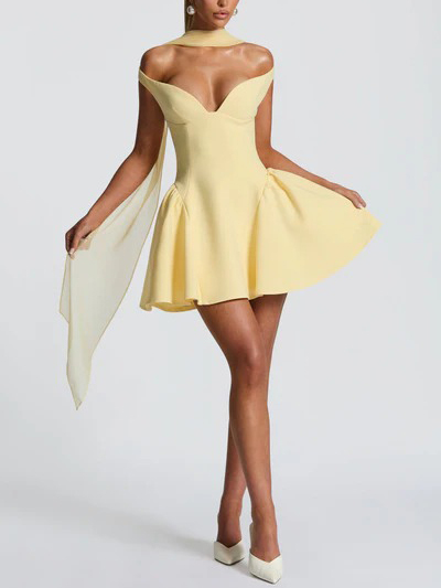 Elegant Low Cut V Neck Halter Mini Dress