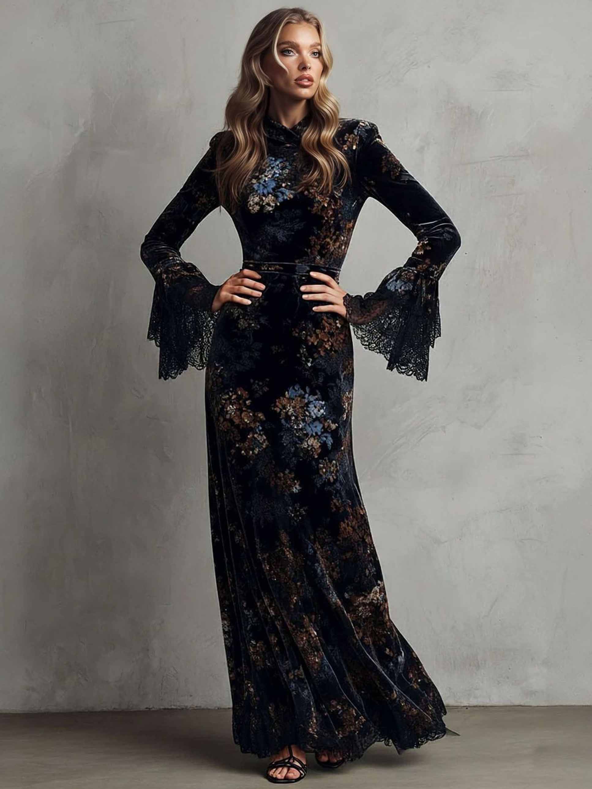 Exquisite Velvet Floral Print Pleated Maxi Dress