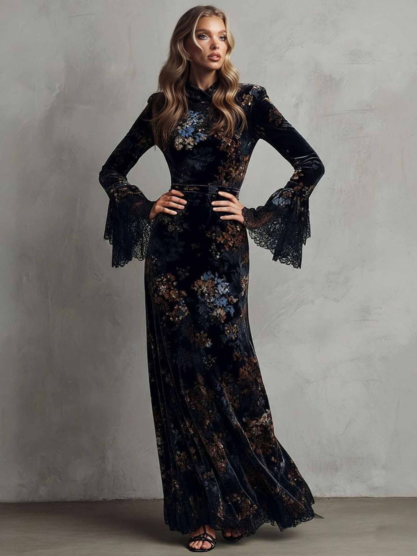 Exquisite Velvet Floral Print Pleated Maxi Dress