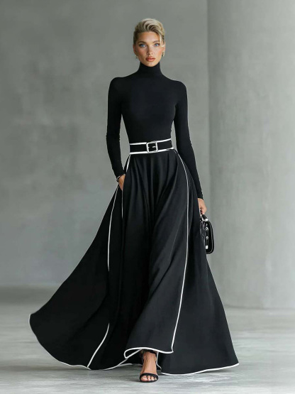 Elegant Color-blocked High-neck Maxi Dress