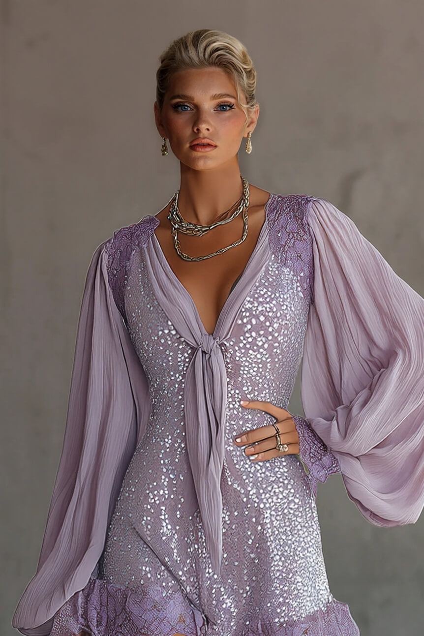 Delicate Sequined Chiffon Lantern Sleeve Lace-trimmed Mini Dress