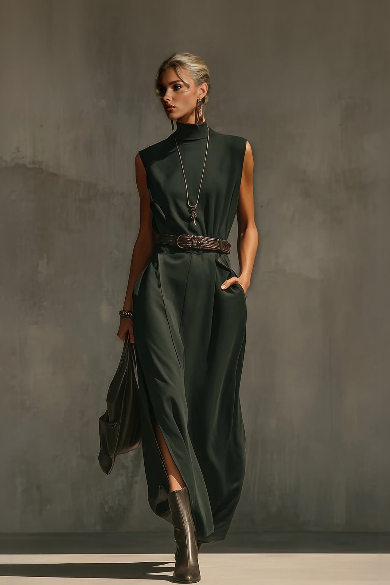 Elegant Green Woven Sleeveless High-Neck Tie-Waist Maxi Dress