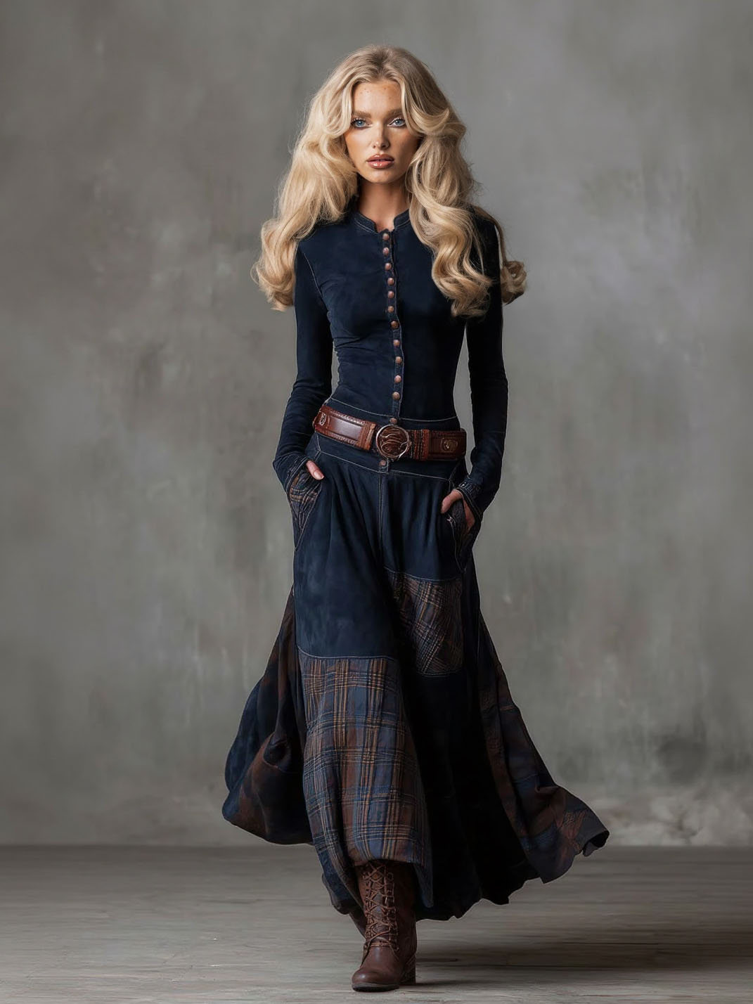 Retro Plaid Patchwork Maxi Dress