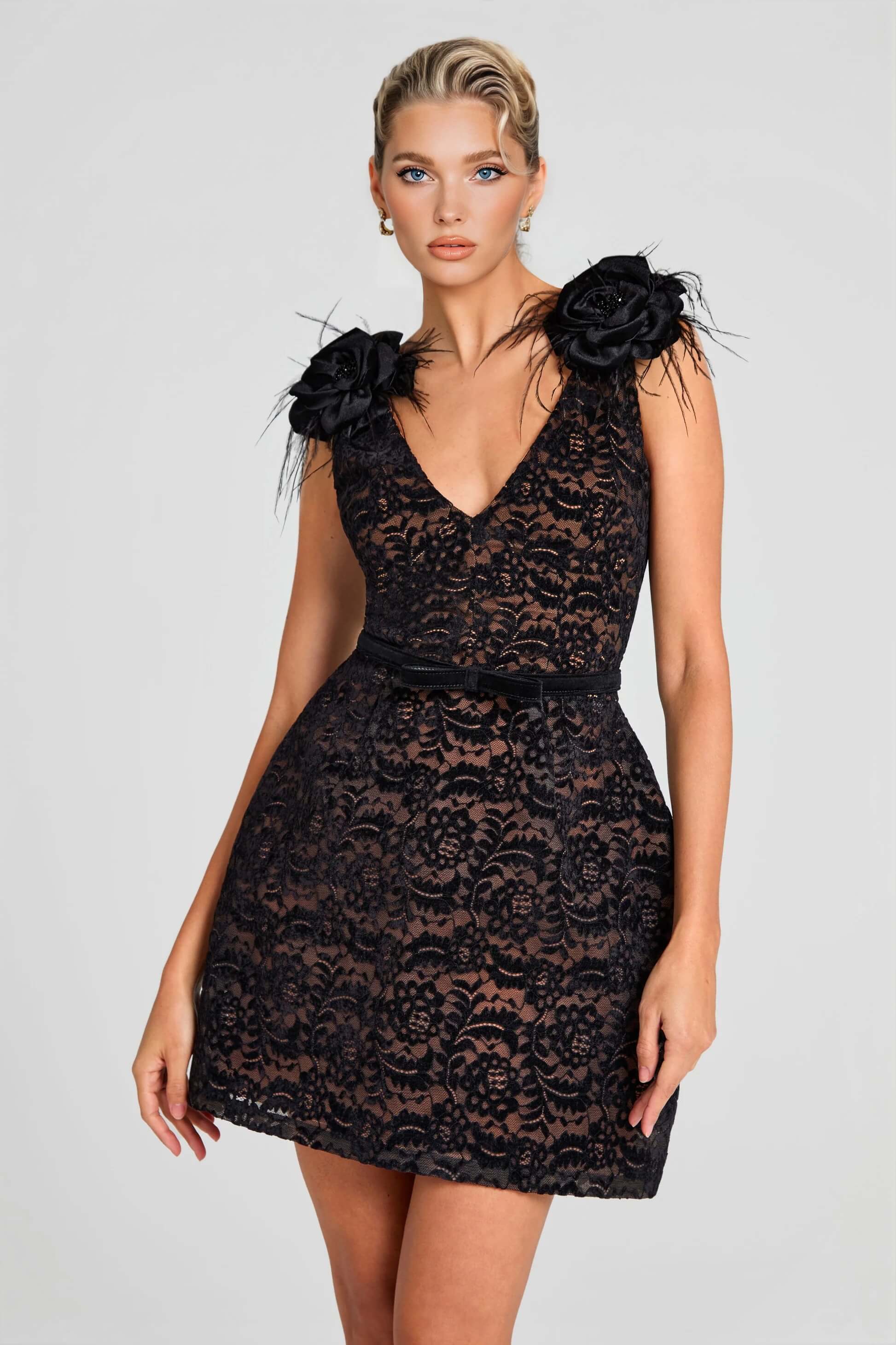Elegant V-Neck Lace Floral Applique Black Mini Dress