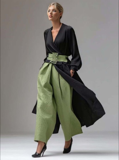 Casual V-neck Wrap-style Long Top Two-piece Set