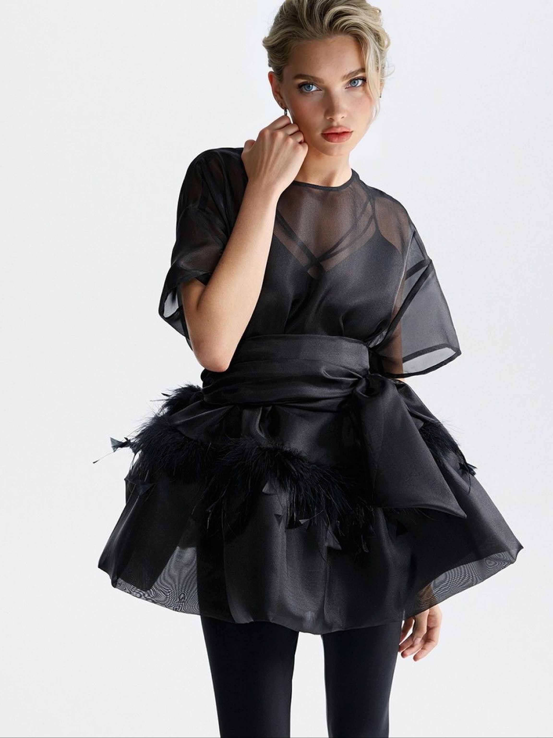 Elegant Feather Organza Top Two-Piece Set