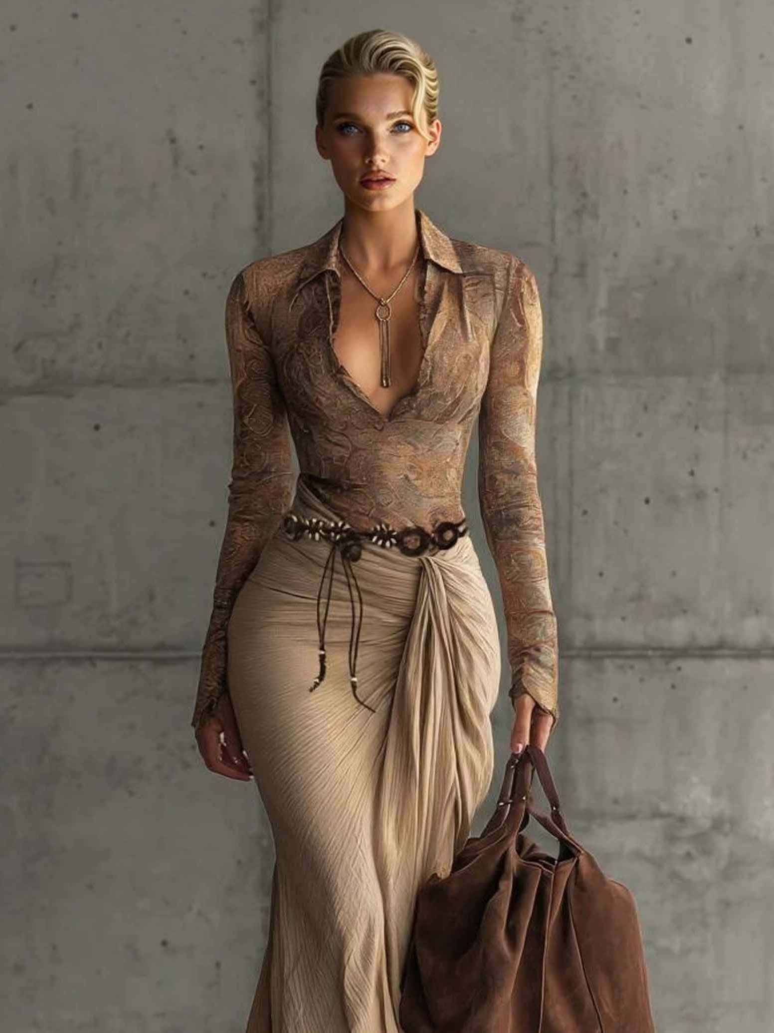 Retro Print Top And Skirt Two-piece Set