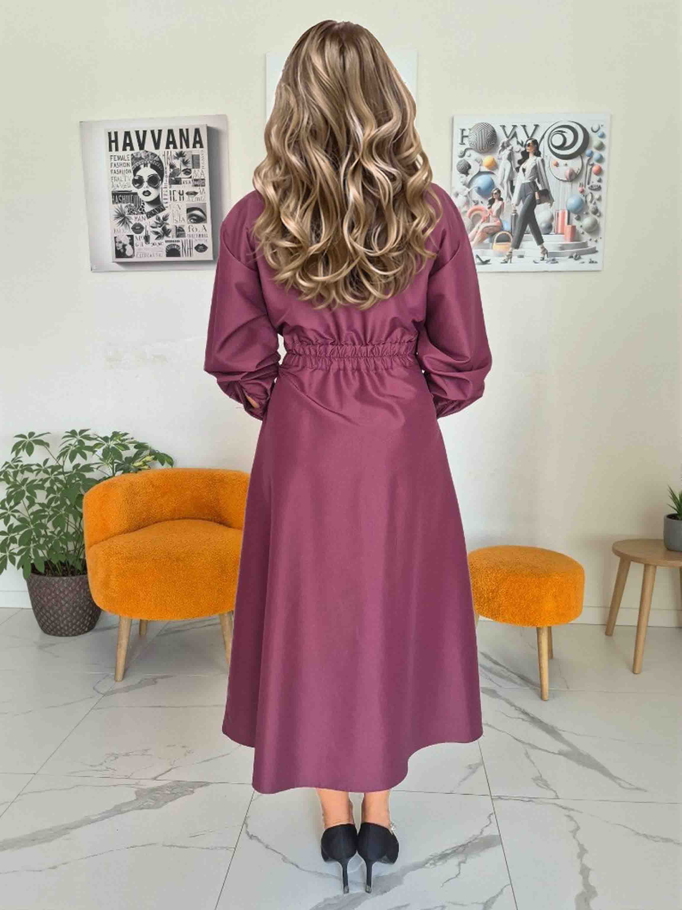 Elegant Collared Long-Sleeve A-Line Midi Dress