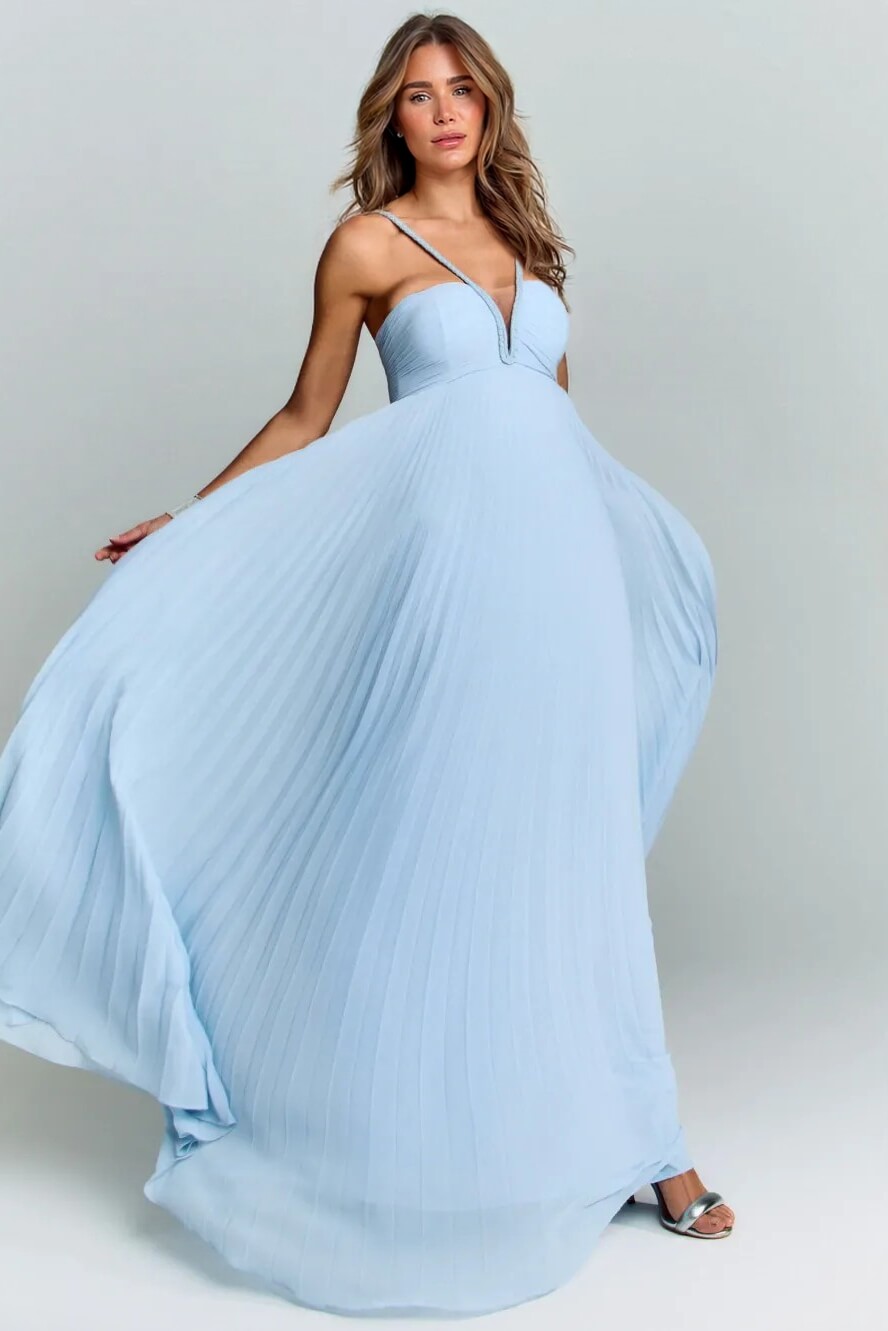 Elegant Braided Neckline Blue Pleated Maxi Dress