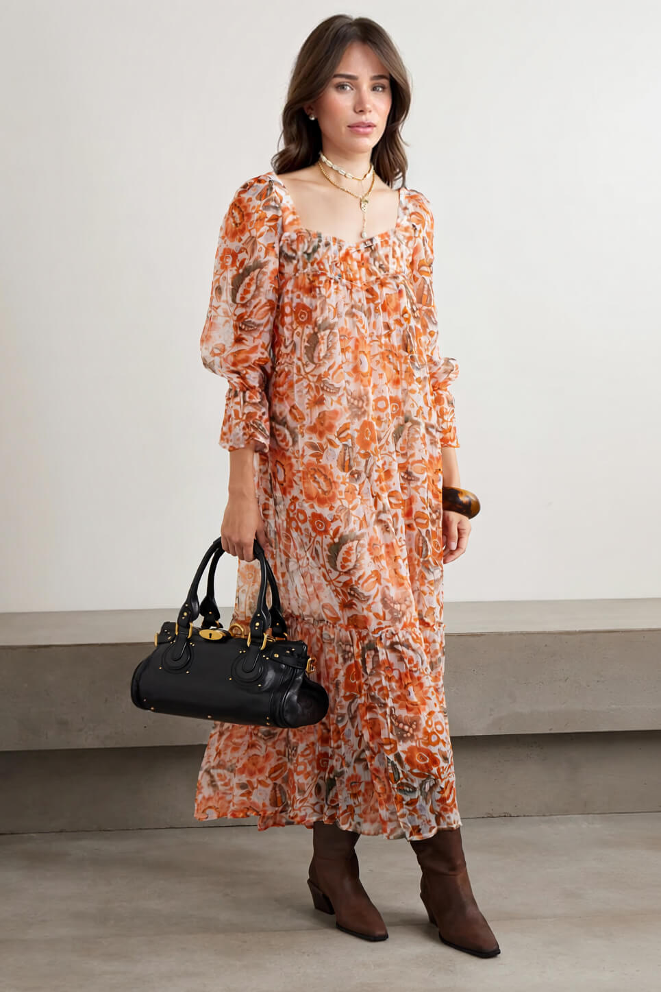 Elegant Casual Floral Ruched Ruffle Chiffon Midi Dress