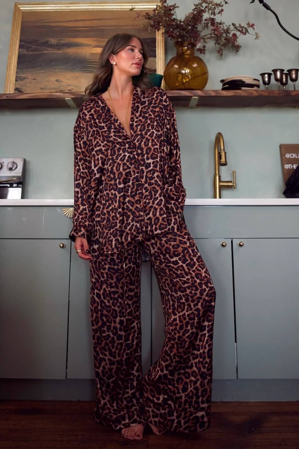 Leopard Print Loose Top Elastic Waist Wide-Leg Pants Pajama Set
