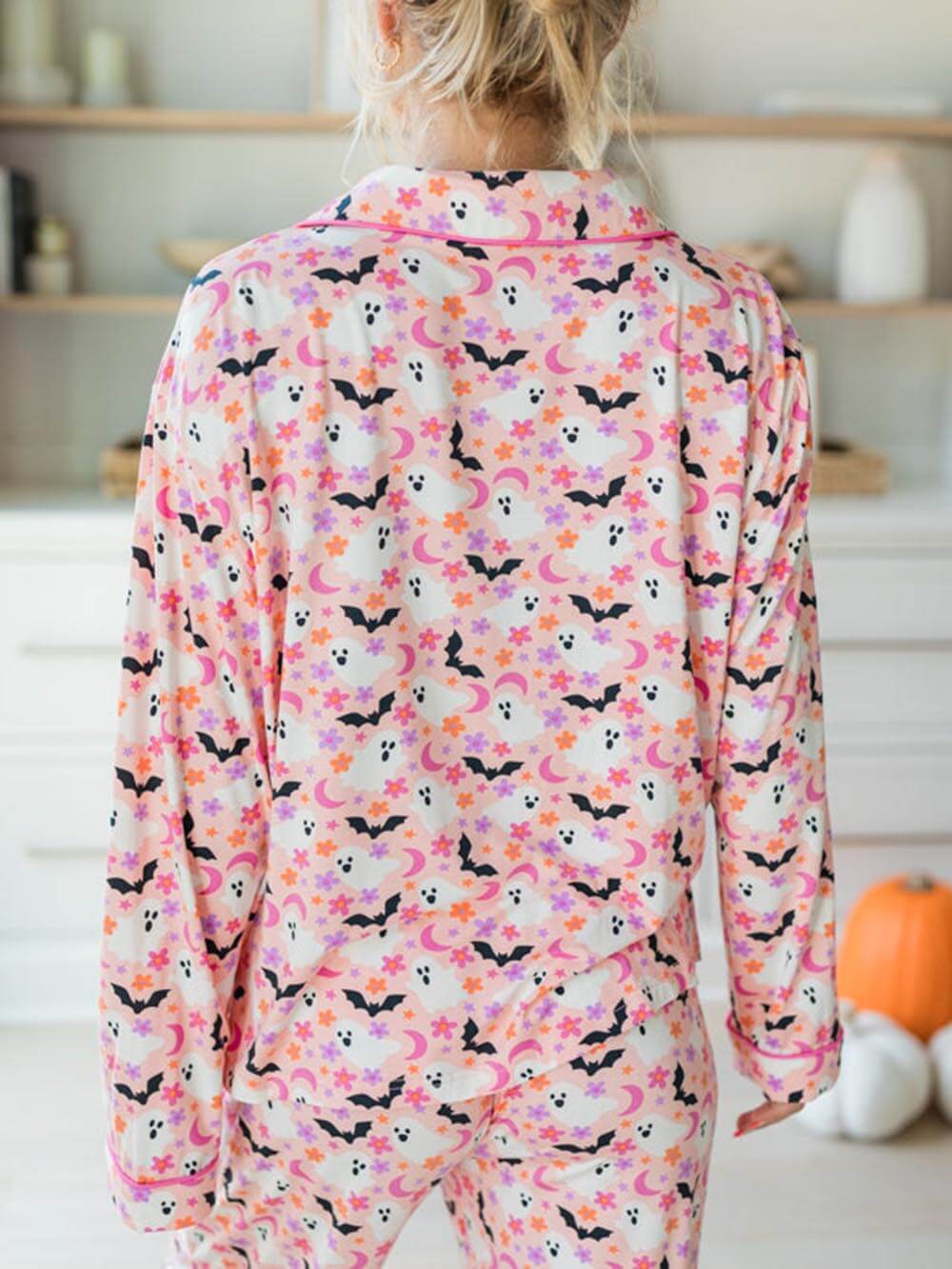 Halloween Eve wearing Haunted Honey Bat Print Pajama Set