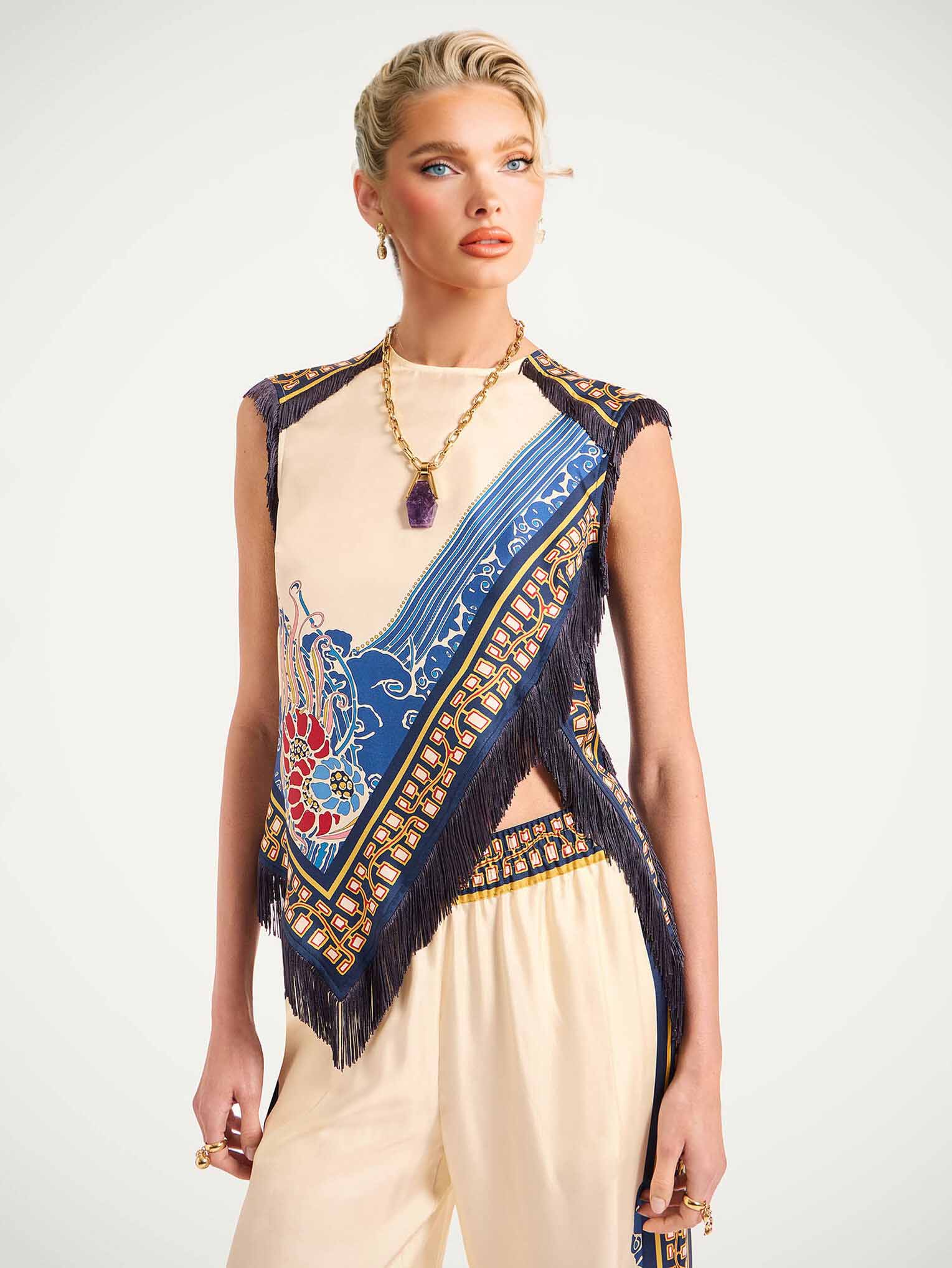 Elegant Bohemian Print Vest With Tassels Two-Piece Set