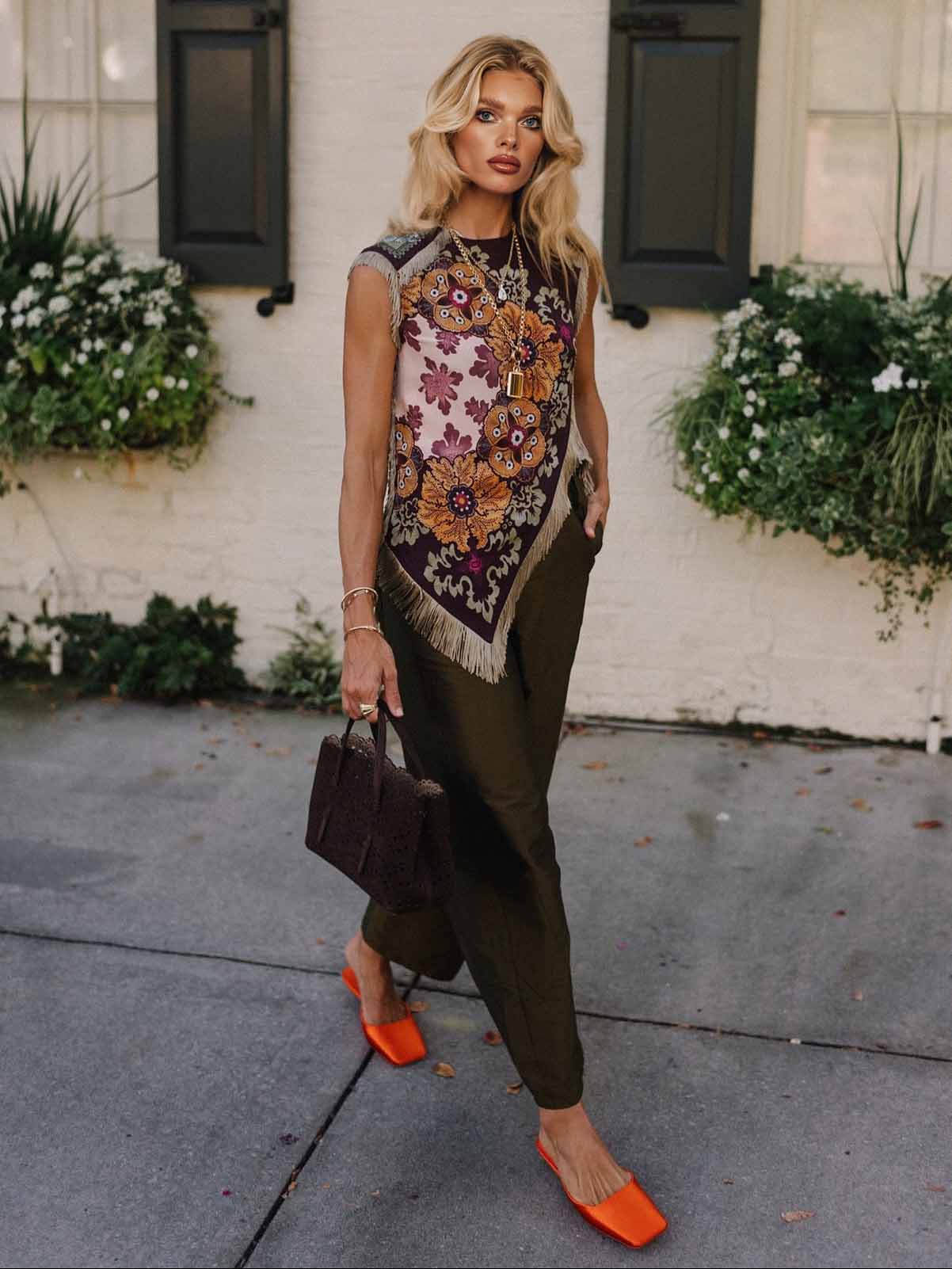 Unique Retro Floral Print Tassel Vest Two-Piece Set