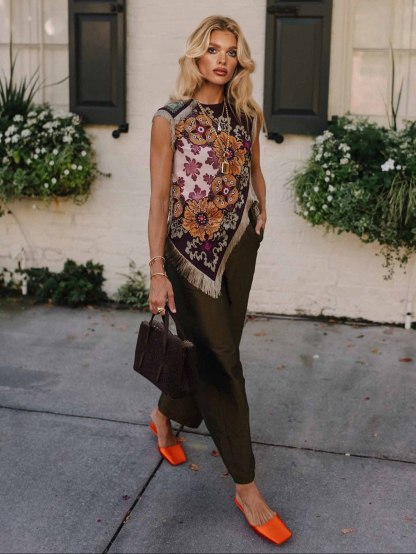 Unique Retro Floral Print Tassel Vest Two-Piece Set