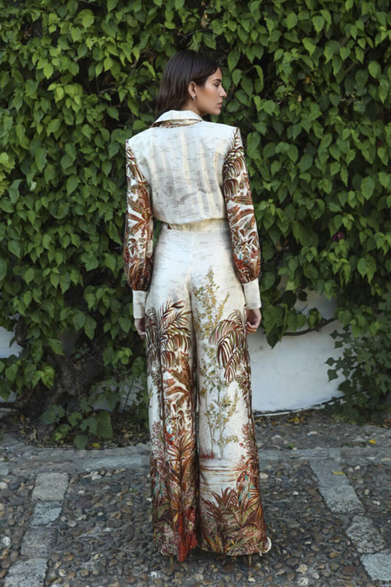 Elegant Palm Print Satin Elastic Waist Pocket Wide-Leg Jumpsuit