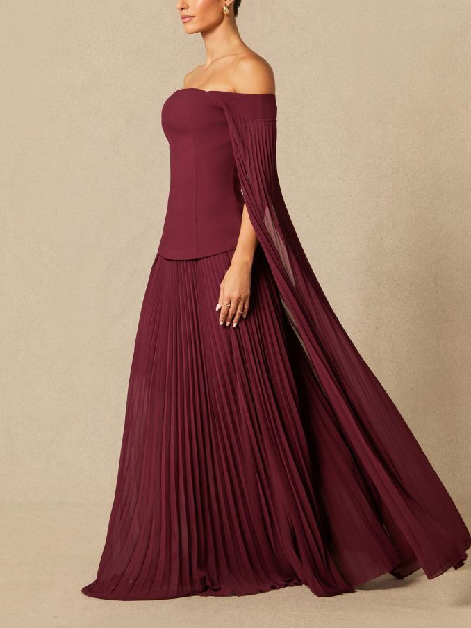 Elegant Off-shoulder Pleated Shawl Maxi Skirt Set