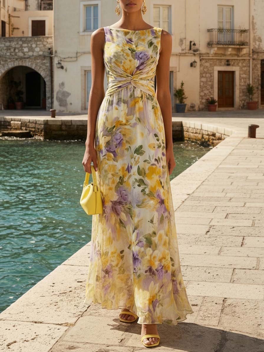 Elegant Sleeveless Twist Waist Floral Print Chiffon Maxi Dress