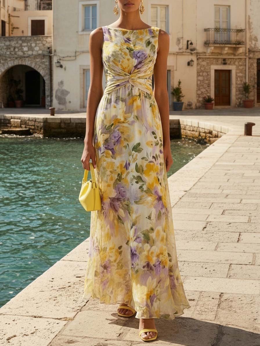 Elegant Sleeveless Twist Waist Floral Print Chiffon Maxi Dress