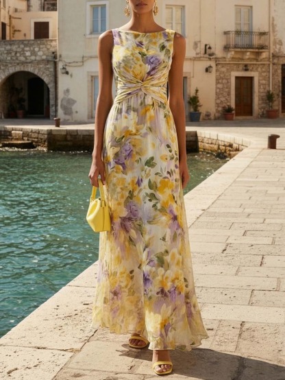 Elegant Sleeveless Twist Waist Floral Print Chiffon Maxi Dress
