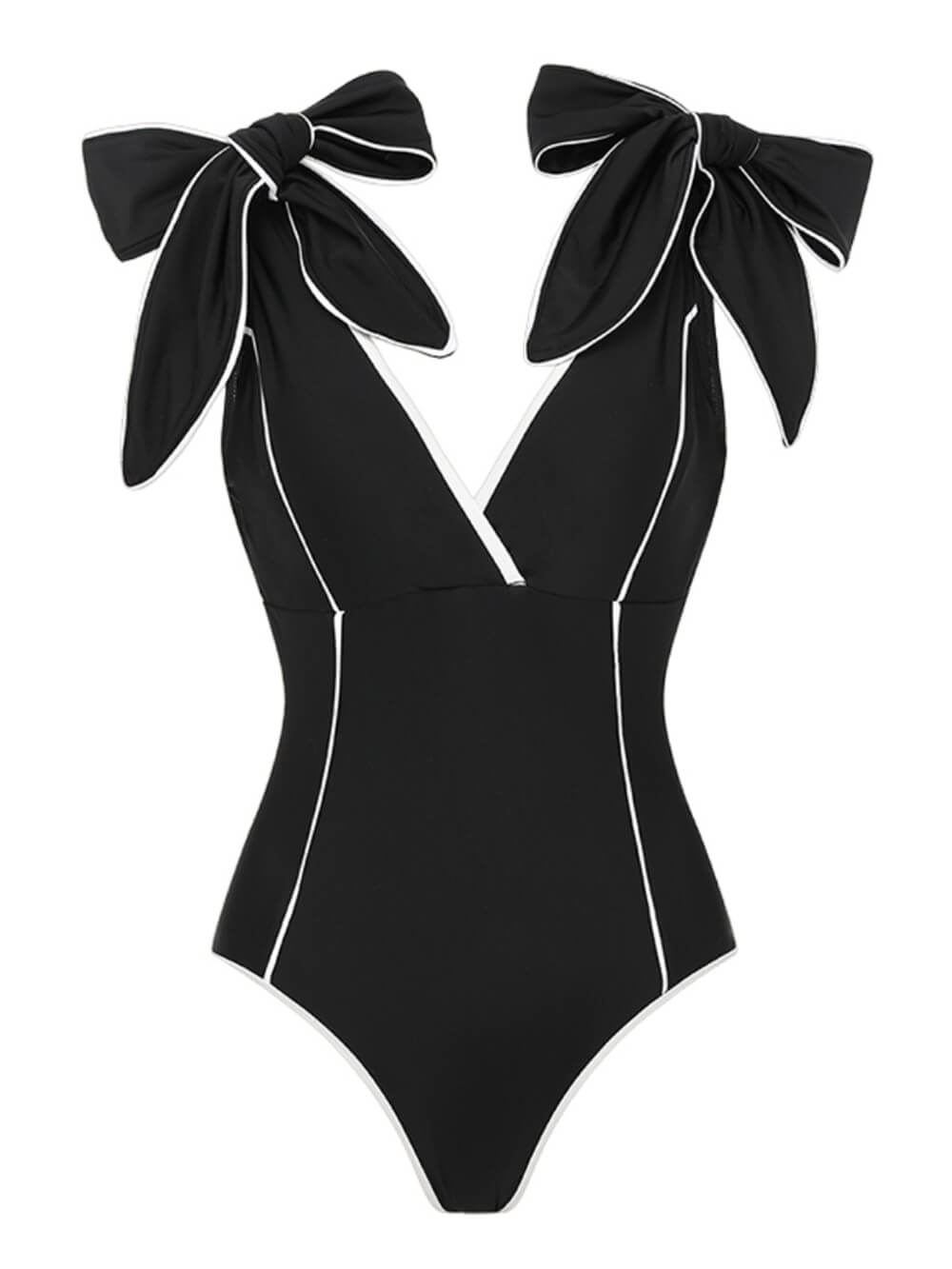 Sexy Black And White Colorblock Bow One-Piece Swimsuit