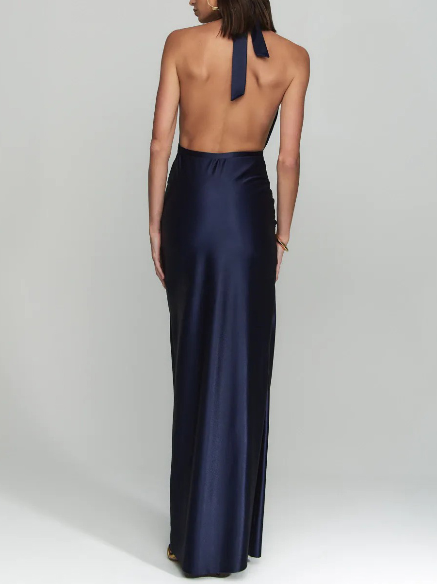 Elegant Halter Neck Satin Backless Maxi Dress
