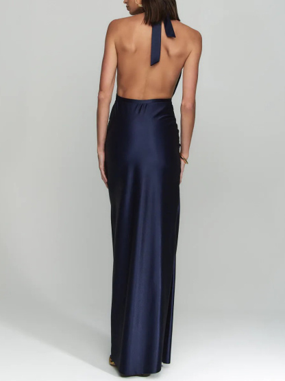 Elegant Halter Neck Satin Backless Maxi Dress