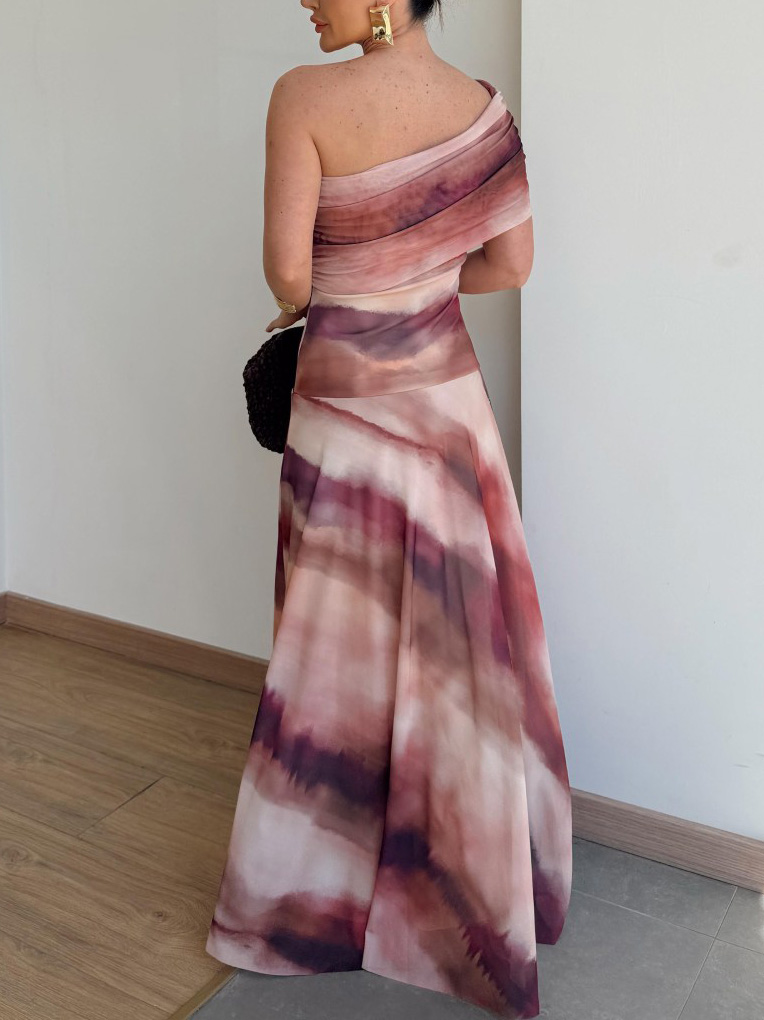 Elegant One-Shoulder Mesh Ombre Tie-Dye Print Maxi Dress