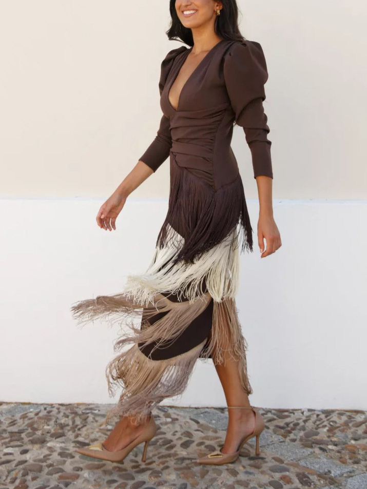 Elegant Contrast Tassel V-Neck Long Sleeve Maxi Dress