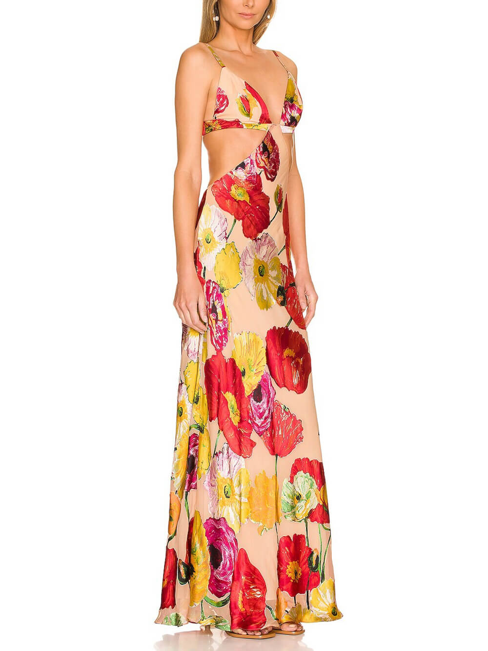 Elegant Floral Print Cutout Backless Maxi Dress
