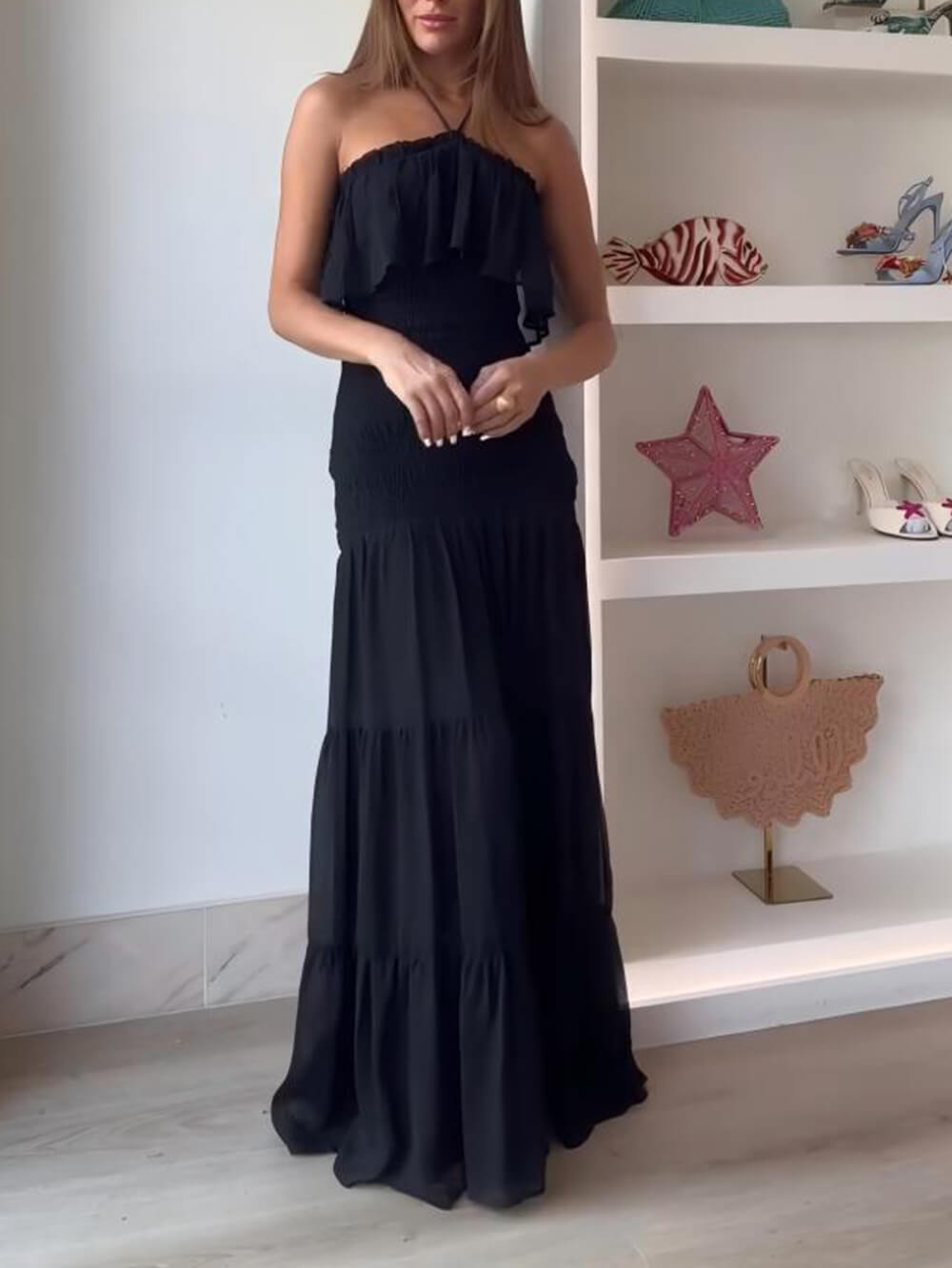 Elegant Ruched Layered Halter Backless Chiffon Maxi Dress