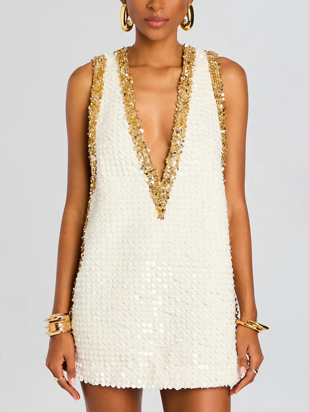 Exquisite Sequin Colorblock Trim V-neck Sleeveless A-line Mini Dress