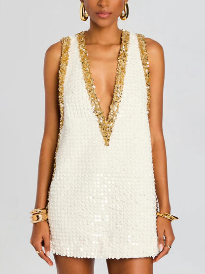 Exquisite Sequin Colorblock Trim V-neck Sleeveless A-line Mini Dress