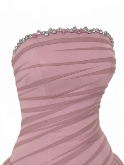 Exquisite Rhinestones Mesh Satin Strapless Sleeveless A-Line Maxi Dress