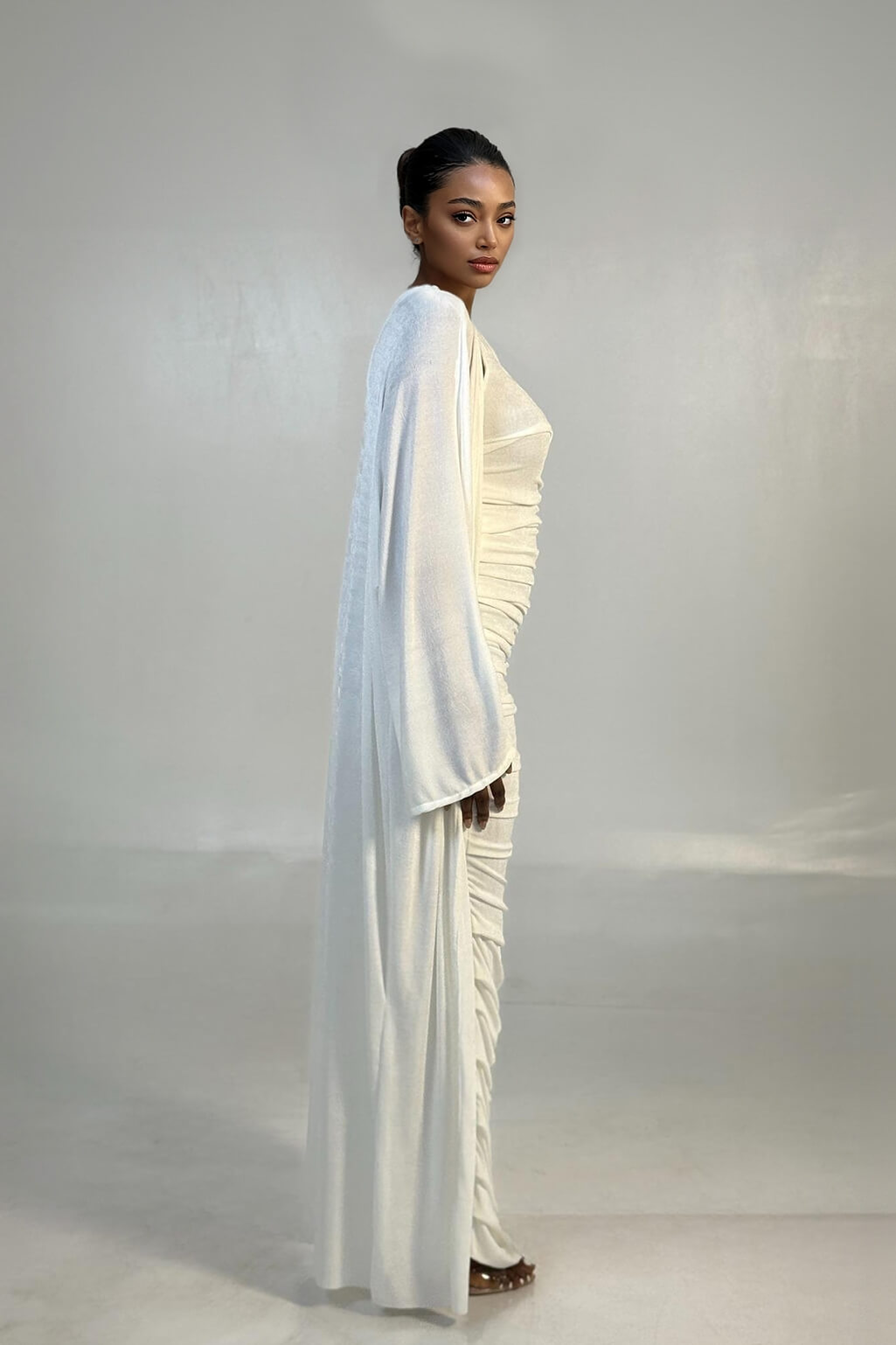 Elegant One-Shoulder Ruched White Maxi Dress with Long-Sleeve Cardigan Set