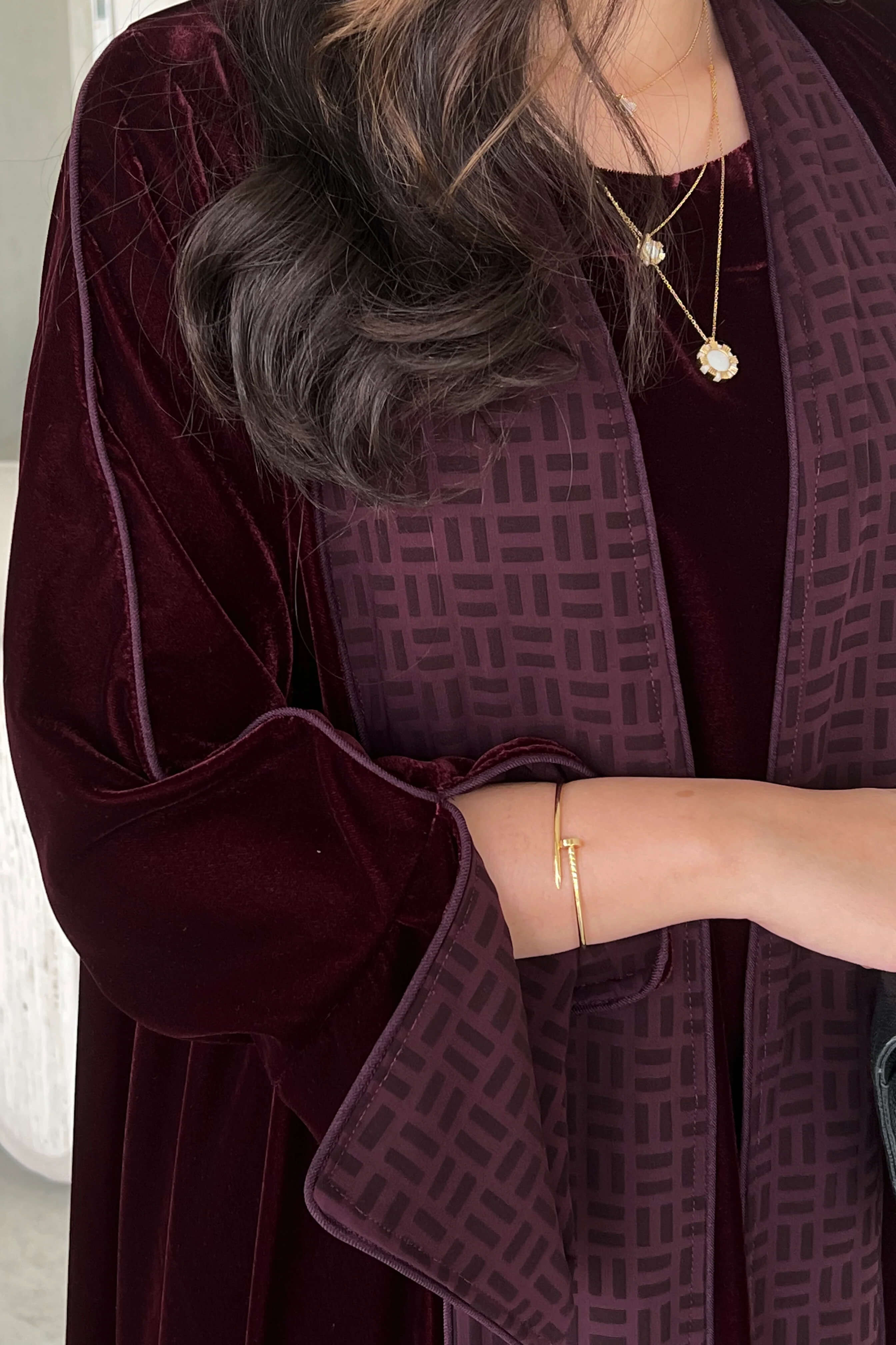 Elegant Burgundy Printed Velvet Robe Cardigan