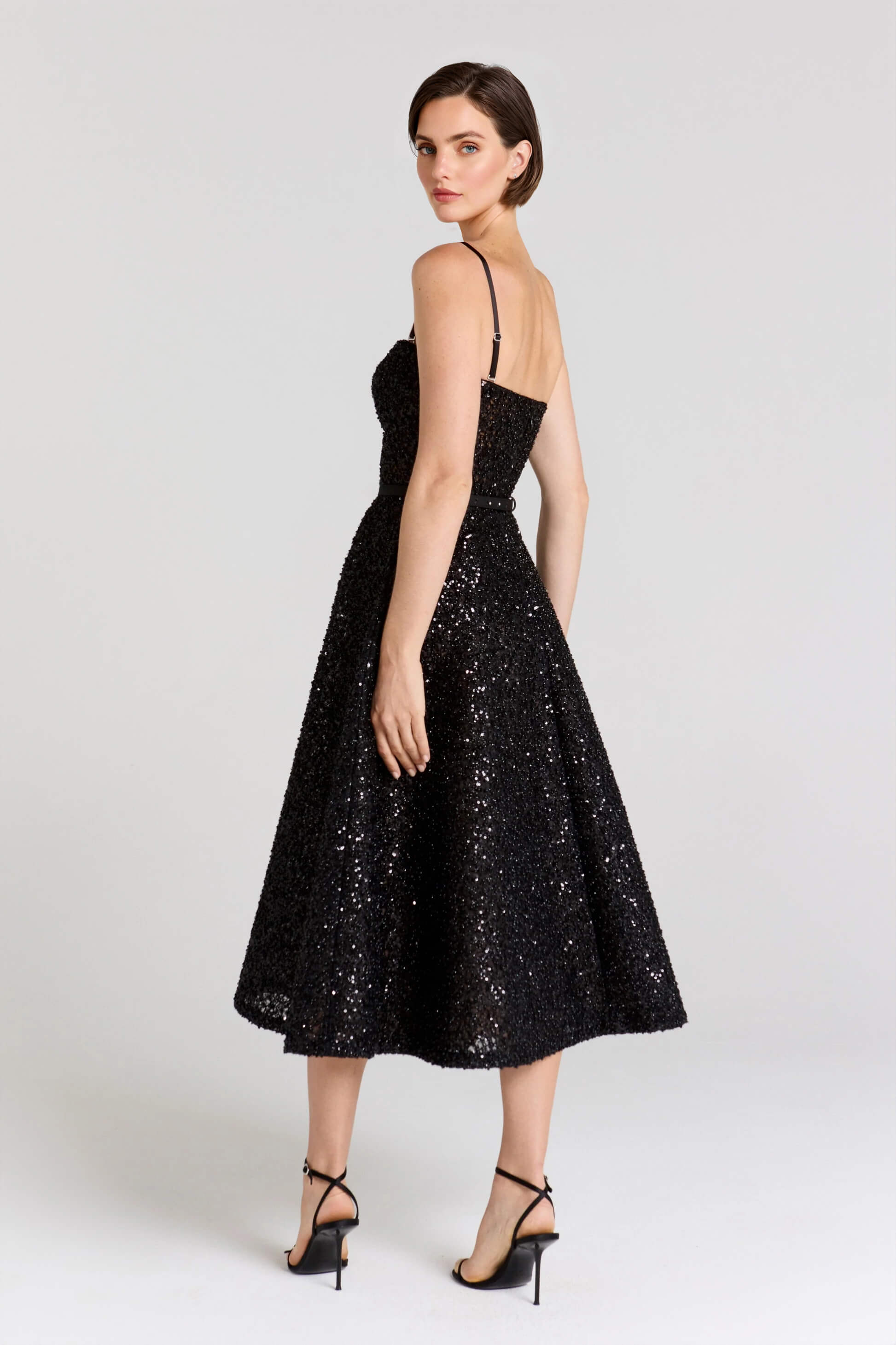 Exquisite Sequined Off-Shoulder Pleated Black A-Line Midi Dress