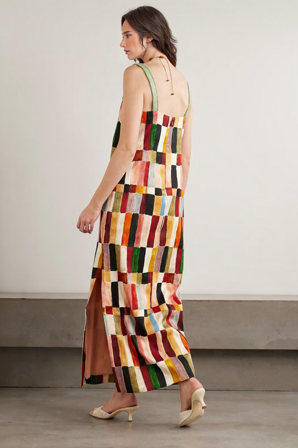 Unique Geometric Print Linen Backless Midi Dress