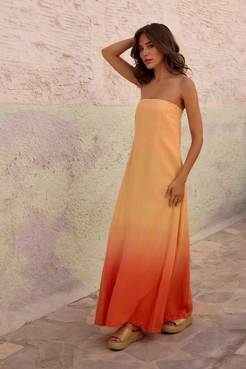 Unique Gradient Color Print Strapless Maxi Dress