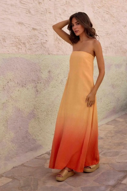 Unique Gradient Color Print Strapless Maxi Dress