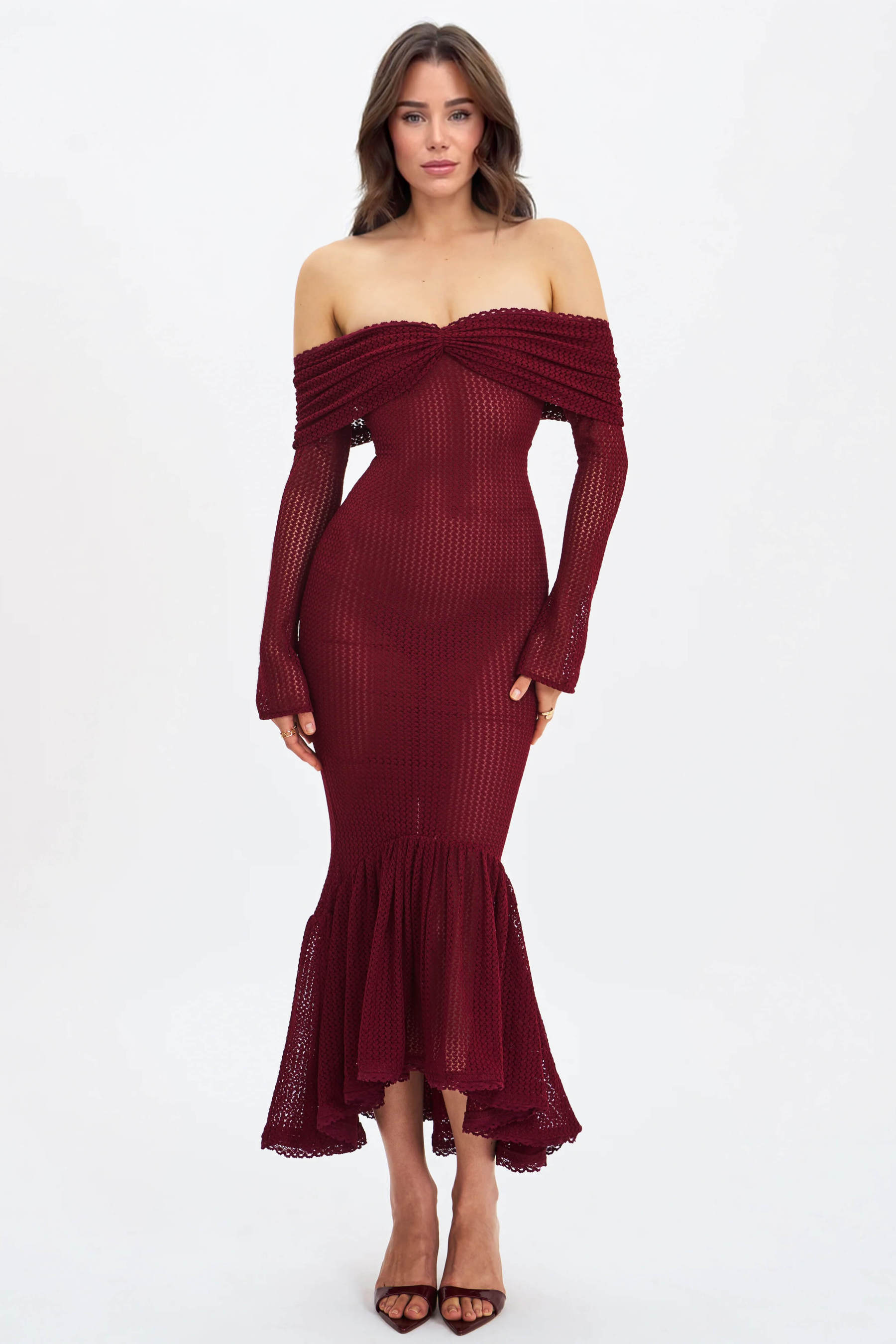 Exquisite Burgundy Off Shoulder Long Sleeve Crochet Mermaid Maxi Dress