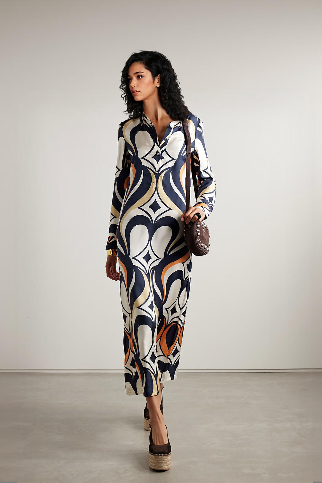 Classic Printed Satin Twill Shirt Maxi Dress