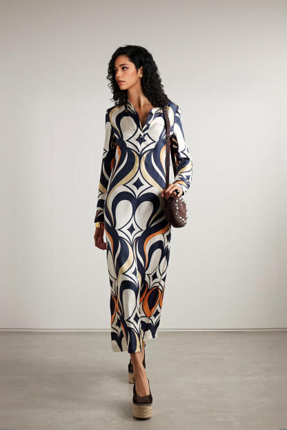 Classic Printed Satin Twill Shirt Maxi Dress