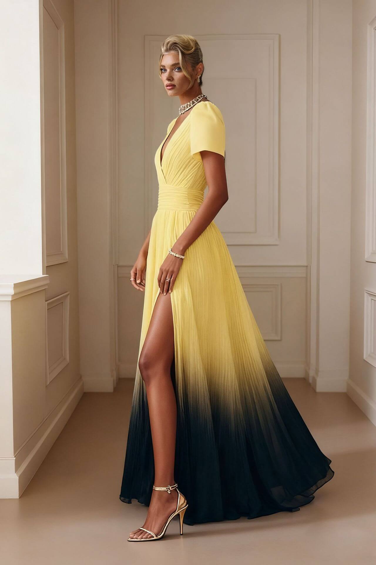 Exquisite Yellow Gradient Tie-Dye Print Flared Slit Maxi Dress